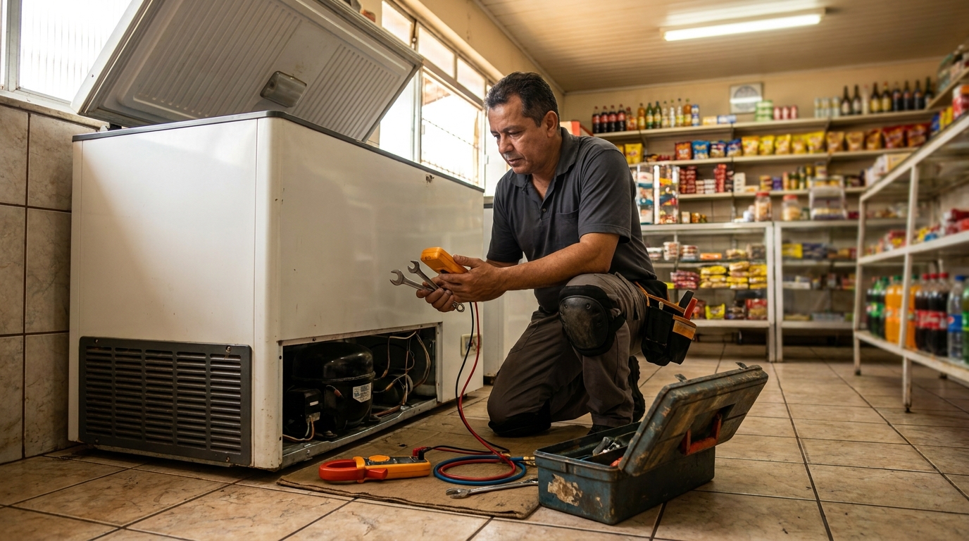 Profissional executando manutenção no motor de freezer no Caxambu, Jundiaí‑SP