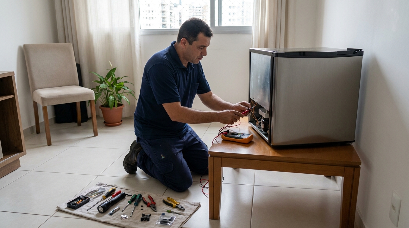 Técnico fazendo manutenção do motor de frigobar na Alvorada, Jundiaí‑SP