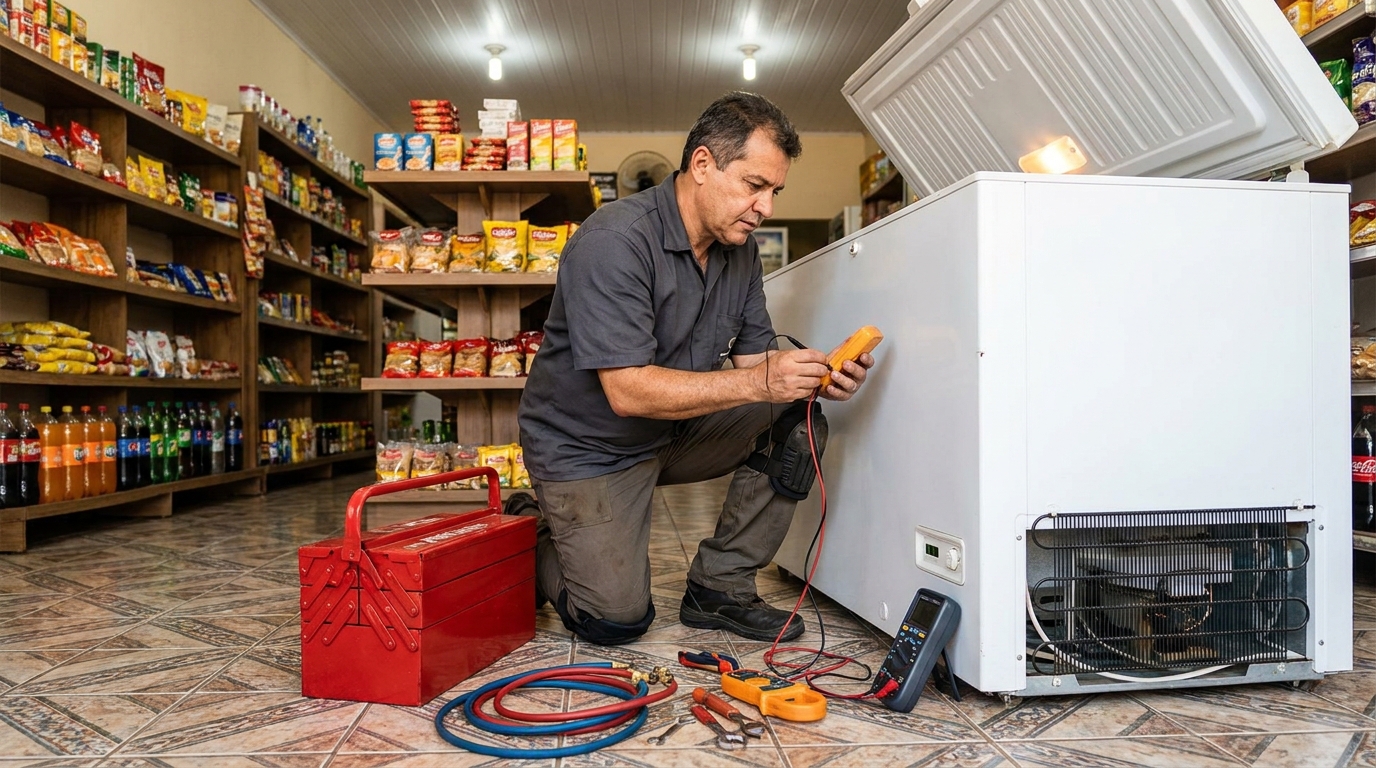 Recarga de gás refrigerante no freezer durante atendimento no Caxambu, Jundiaí‑SP