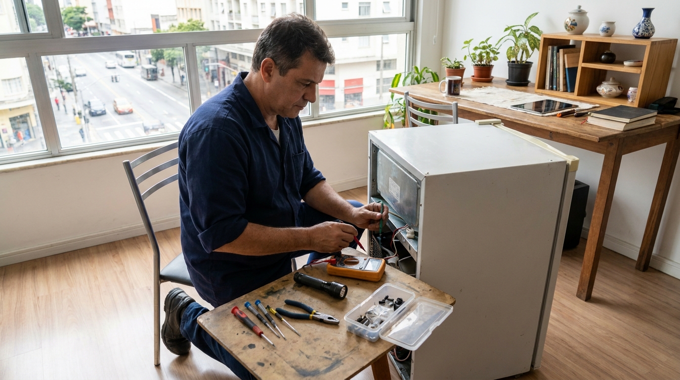 Recarga do gás refrigerante de frigobar durante atendimento na Alvorada, Jundiaí‑SP
