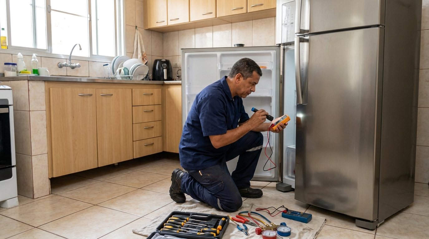 Técnico aplicando recarga de gás refrigerante em geladeira na Agapeama, Jundiaí‑SP