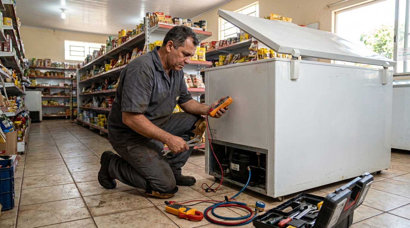 Substituição de termostato de freezer em visita técnica no Caxambu, Jundiaí‑SP